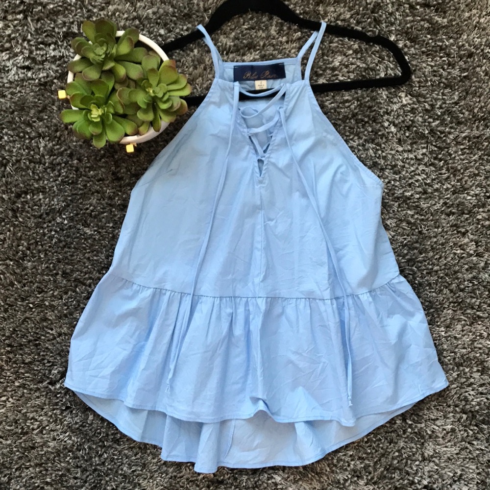 EUC Francesca's Lace Up High Neck Tank Sky Blue